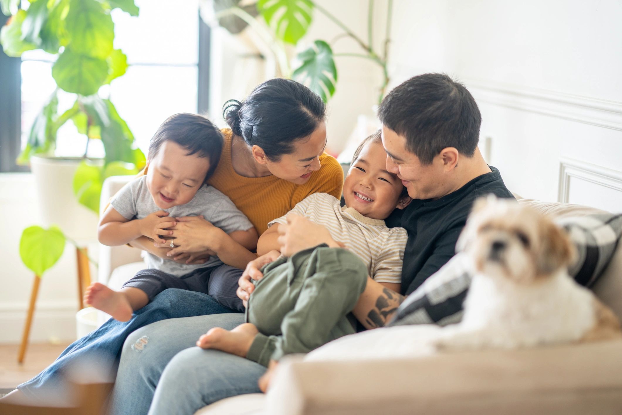 happy family on clean couch