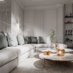 Clean modern living room with a light-colored sofa